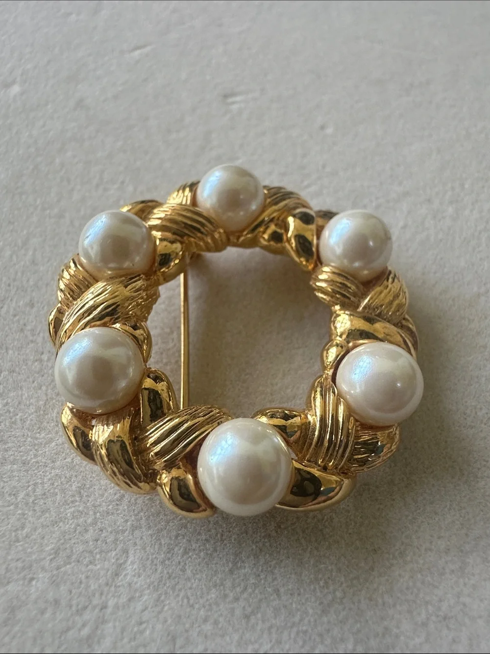 Napier Gold-Tone Wreath Brooch with Pearl Accents